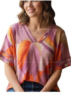 Chico's 100% Linen Abstract Vibrant Print Ladder Trim Hi Low Blouse Size 3 (XL)